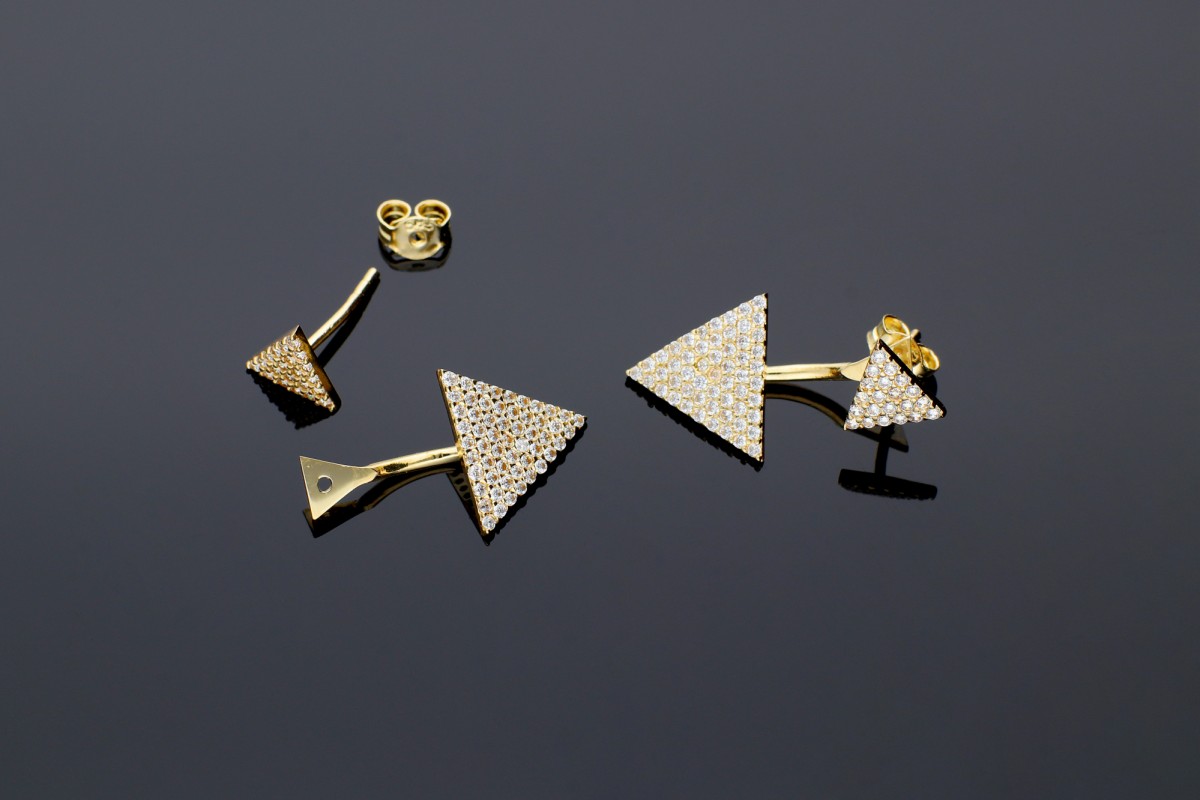 Bijuterii aur - Cercei dama aur 14K galben triunghiuri cristale zirconia