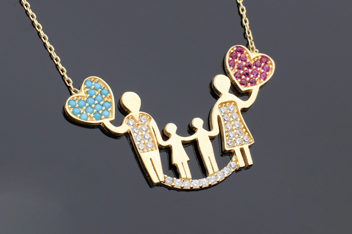 Bijuterii aur - Lantisoare cu pandantiv dama aur 14K familia baietel si fetita zirconii colorate