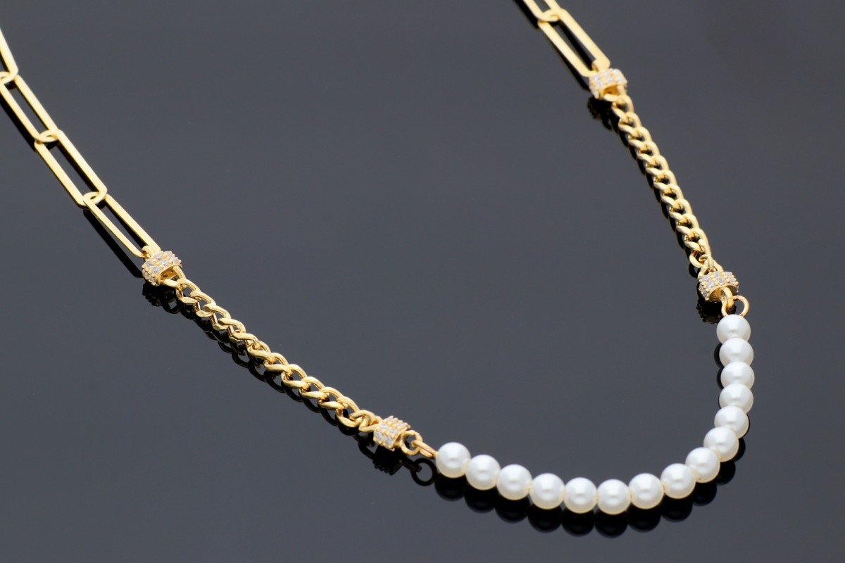 Bijuterii aur - Lantisor cu pandantiv dama aur 14K galben perle cristale zirconia