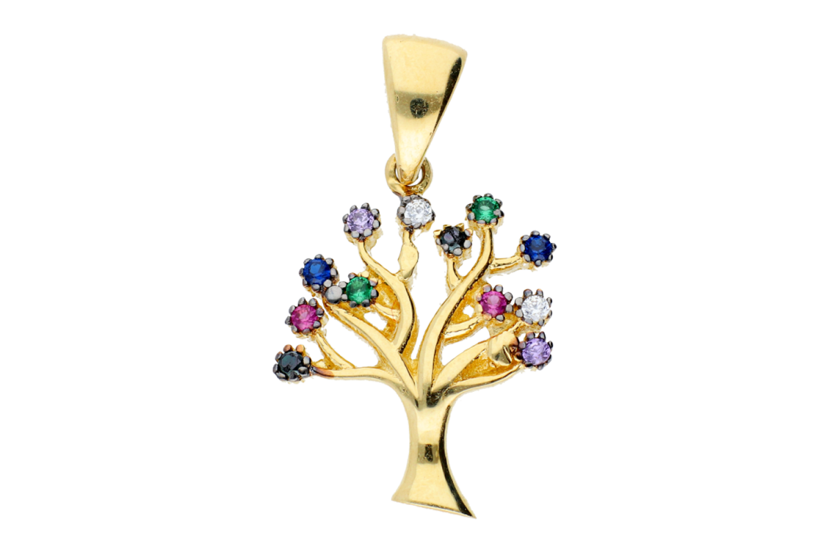 Bijuterii aur - Medalion aur 14K galben pomul vietii zirconii colorate