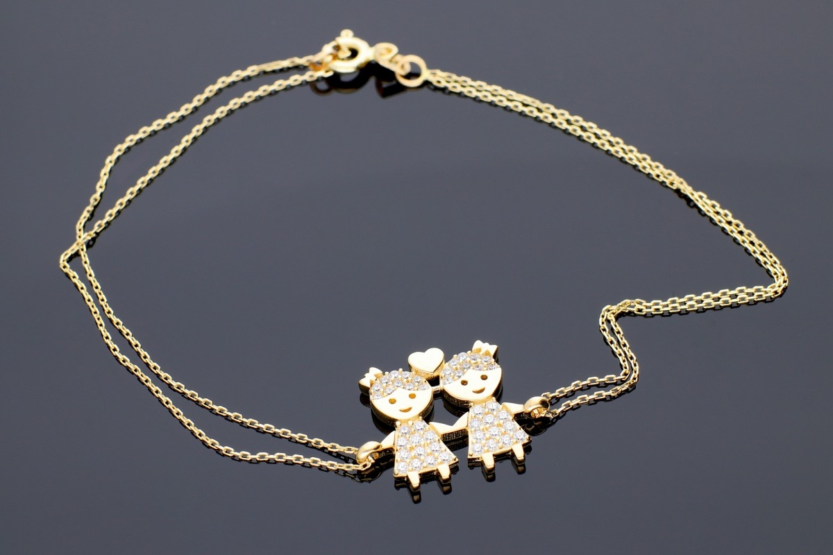 Bijuterii aur online - Bratari mobile dama aur 14K galben 2 fetite cristale zirconia albe