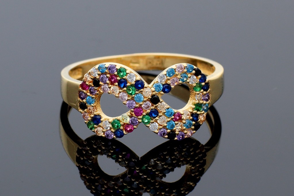 Bijuterii aur online - Inele dama din aur 14K galben infinit cristale zirconia colorate