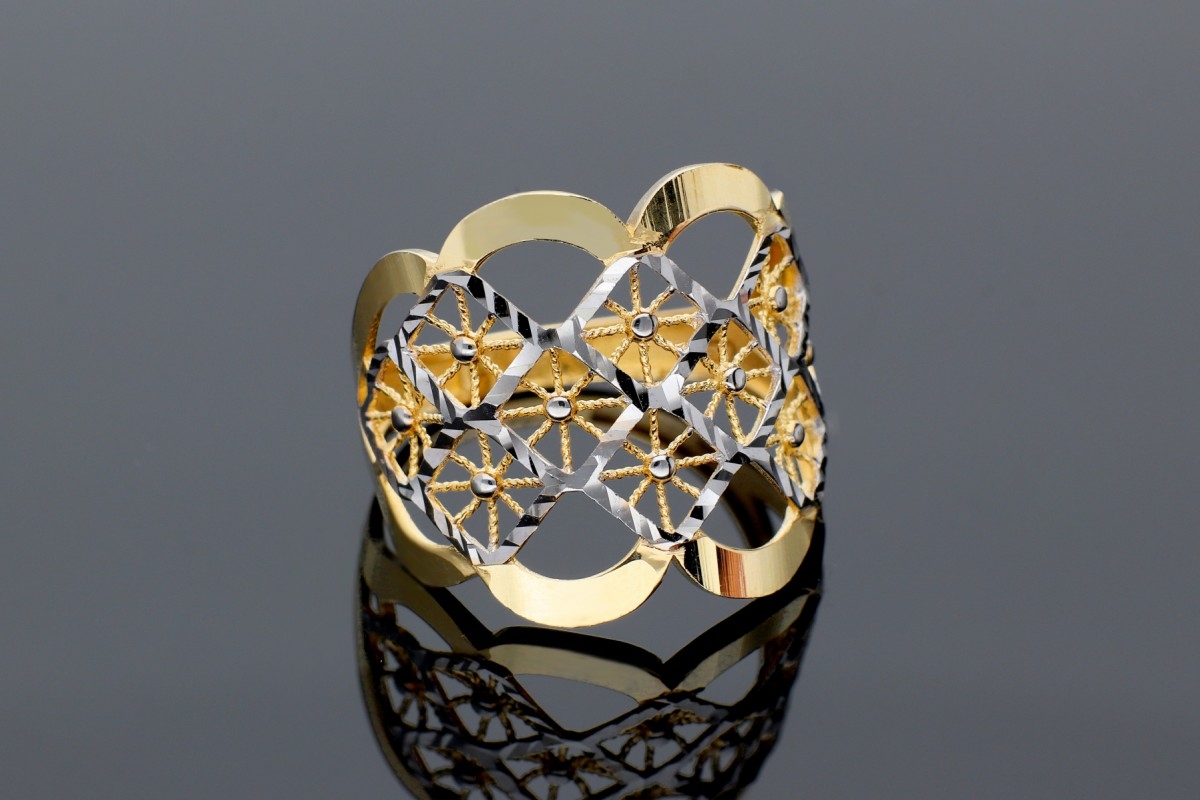 Bijuterii aur online - Inele dama din aur 14K galben si alb plasa model geometric