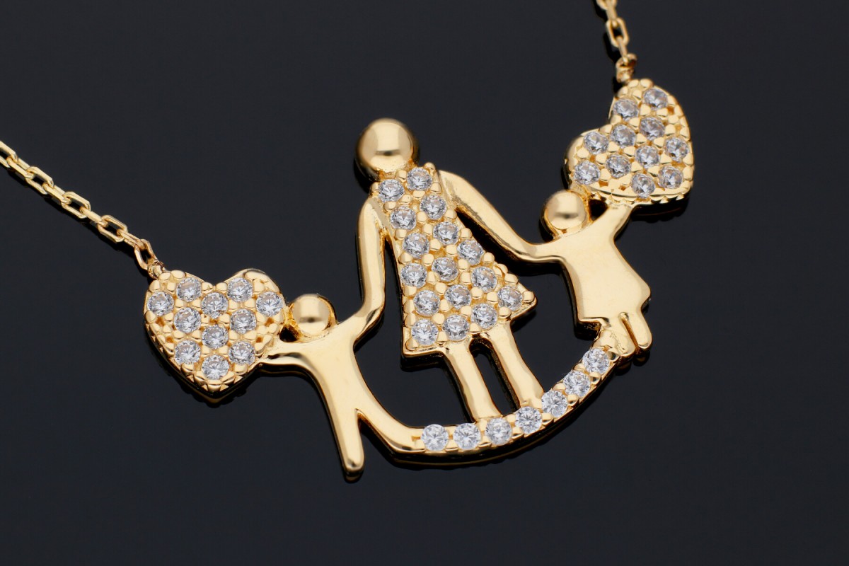Bijuterii aur online - Lantisoare cu pandantiv dama din aur 14K galben mama si copii
