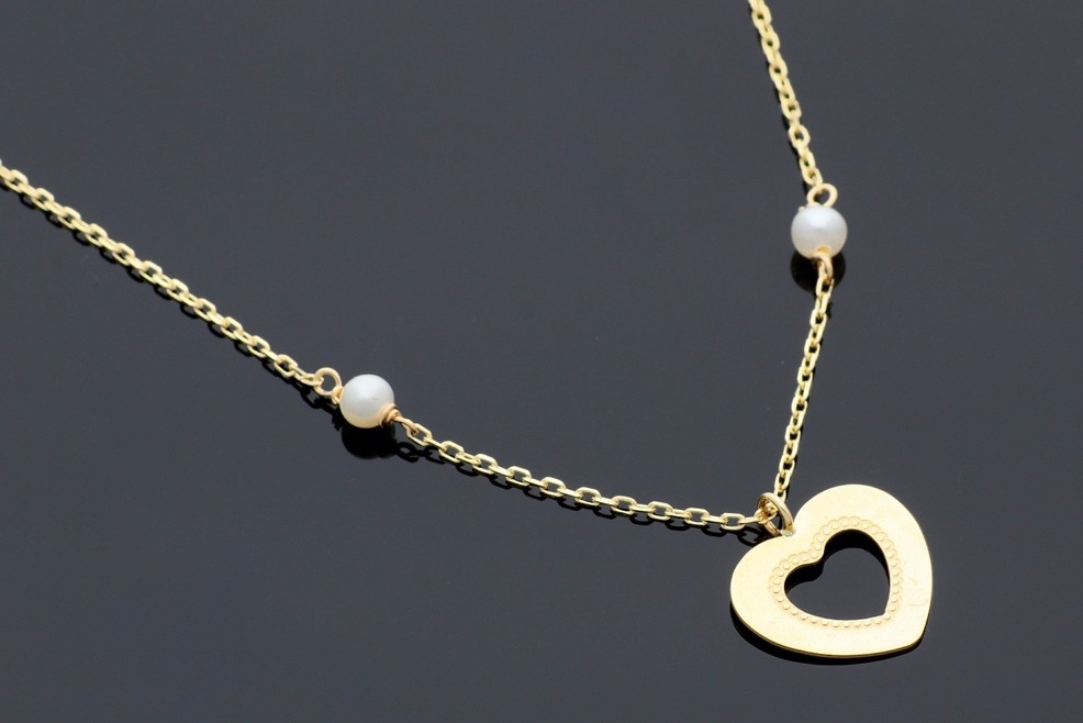 Bijuterii aur online - Lantisoare cu pandantiv din aur 14K galben perla si inimioara - Colectia SPECIAL