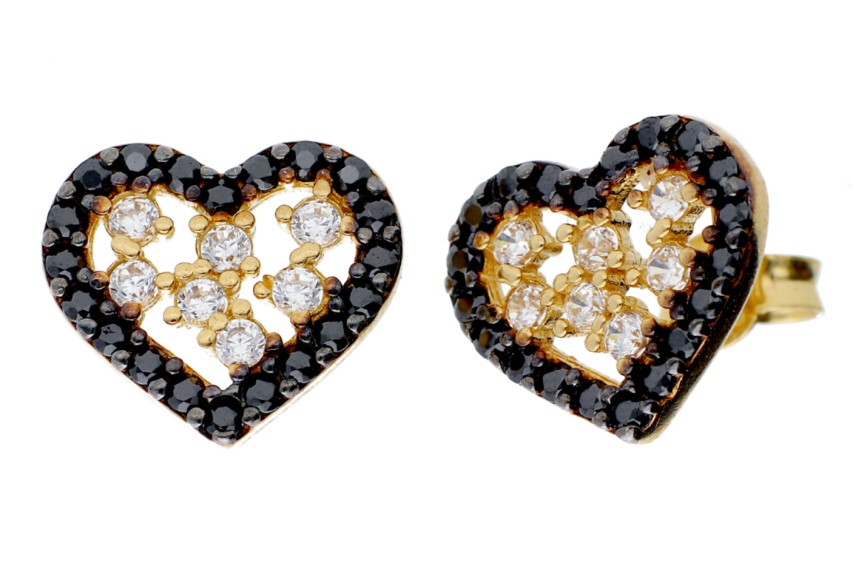 Bijuterii din aur - Cercei cu surub dama din aur 14K galben inimioara contur zirconii negre