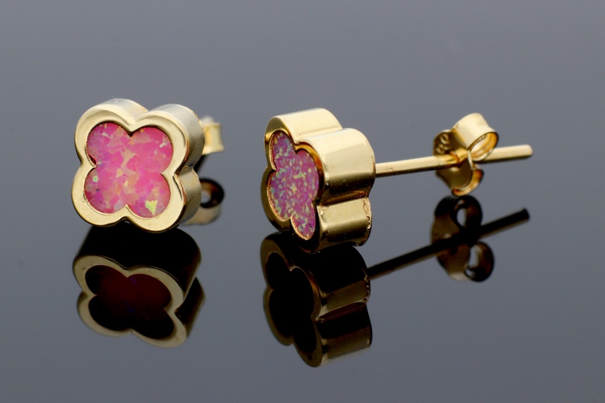 Bijuterii din aur - Cercei cu surub din aur 14K galben opal roz model floricica