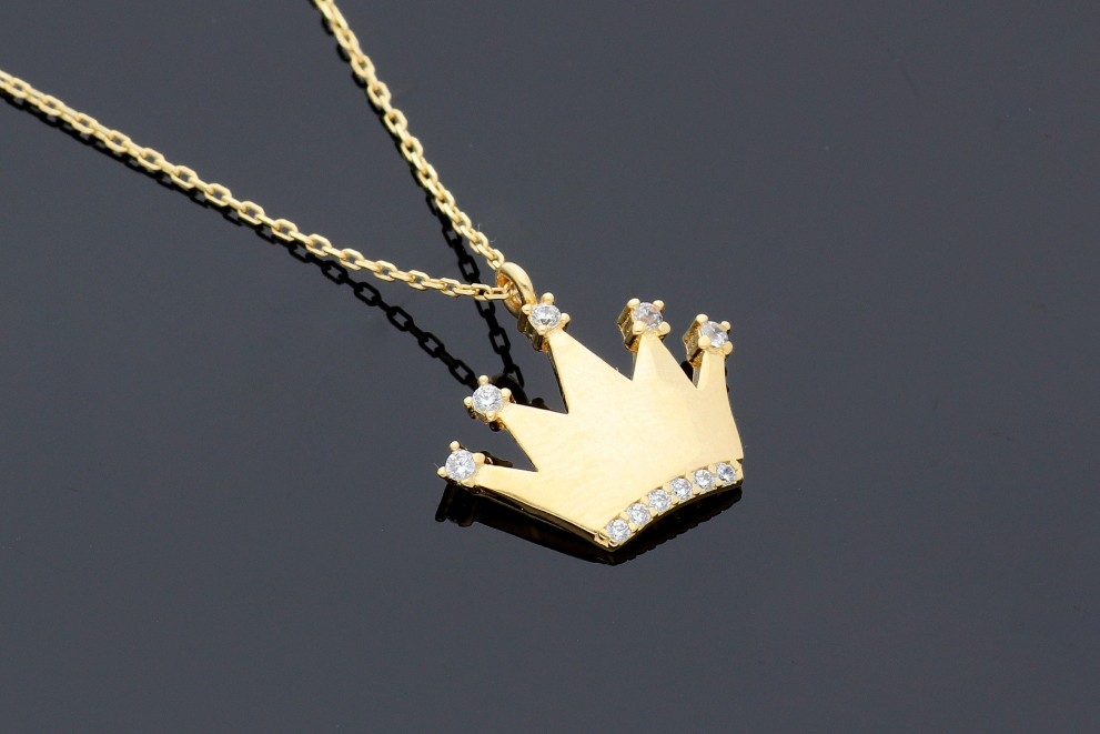 Bijuterii din aur - Lantisor cu pandantiv dama aur 14K galben coronita