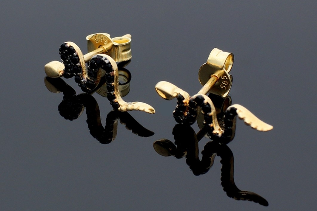 Cercei cu surub dama din aur 14K galben model serpisor cristale zirconia negre