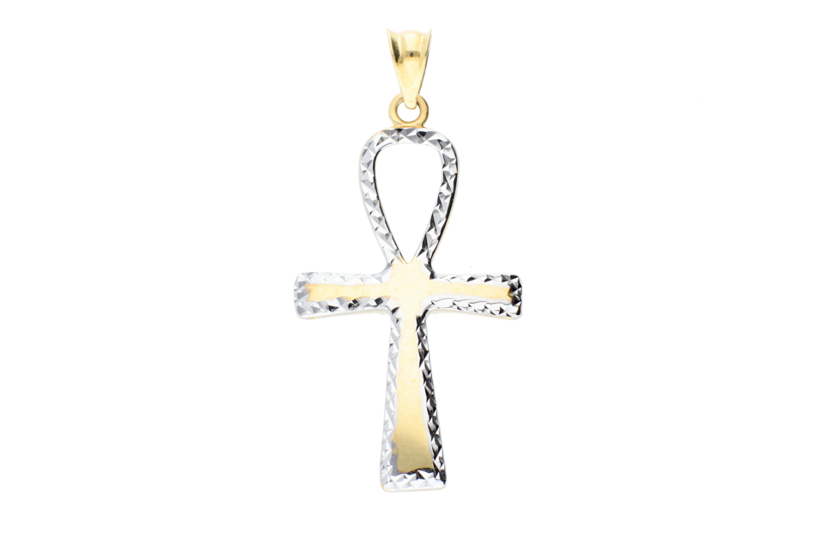 Cruce egipteana din aur 14K galben si alb