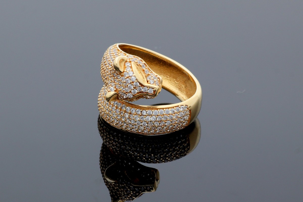 Inel dama din aur 14K galben pantera usor reglabil cristale zirconia albe