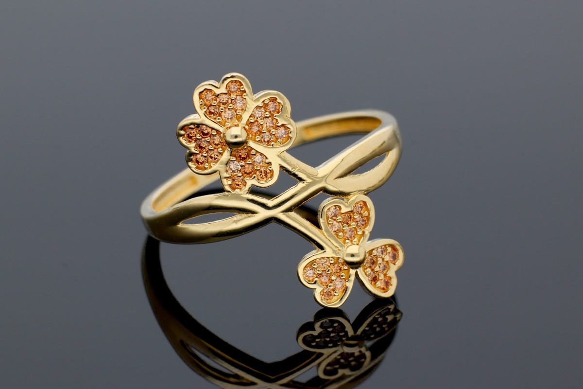 Inel din aur 14K galben floricele zirconii colorate